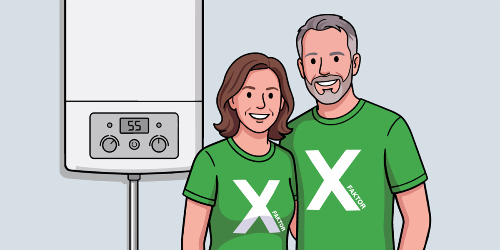 Zwei Personen mit einem X auf grünen Shirts stehen vor einer Gasheizung